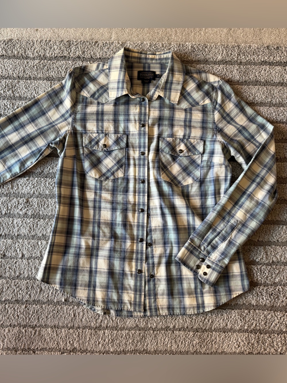 Pendleton Women's Blue and Cream Plaid Button-Down Shirt